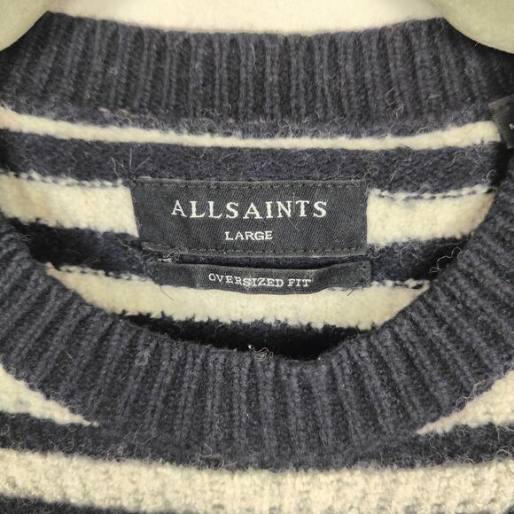 AllSaints Keet Crew Sweater Womens Large Wool Blend White Black Stripes Preppy - Picture 4 of 10